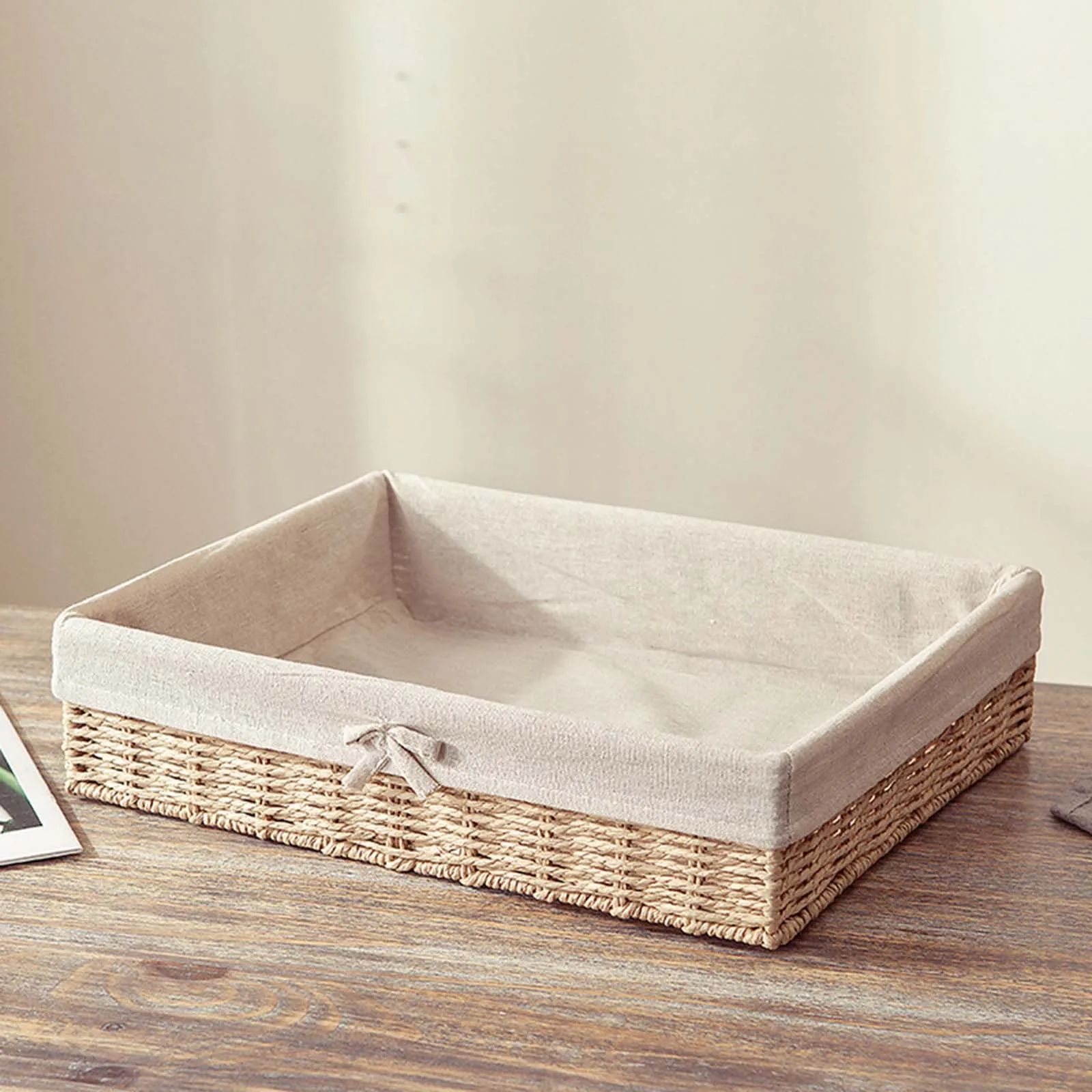 HandWoven Storage Basket Rectangular Desktop Storage Organizer Bins with Fabric Liner Stackable Jewelry Storage Organizer