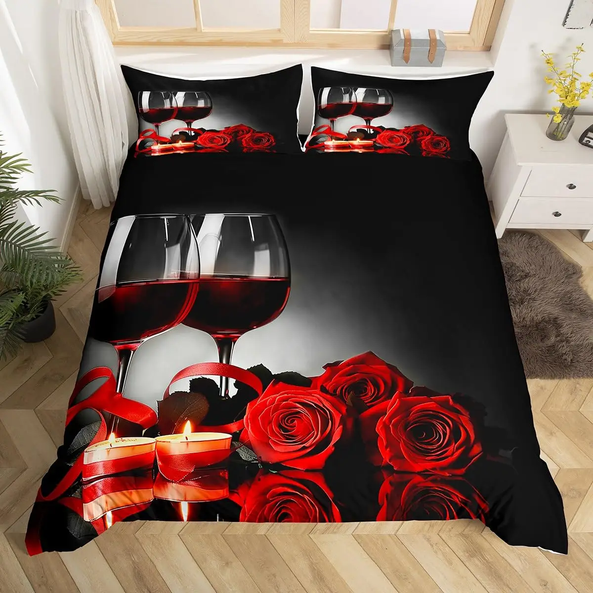 

Rose Floral Duvet Cover Queen Twin for Women Girls Couple 3D Red Rose Wine Glass Bedding Set Luxury Botanical Comforter Cover