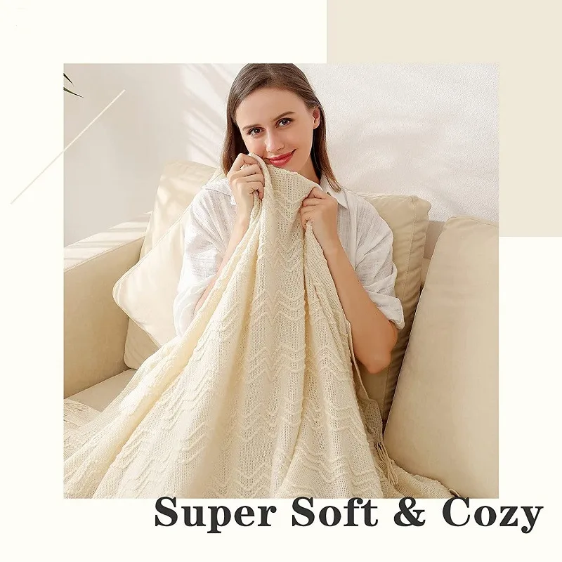 Soft Cozy Knitted Nordic Throw Blanket Cover with Tassel Bed Sofa Travel Plaids for Women Men and Kids Home Decor White