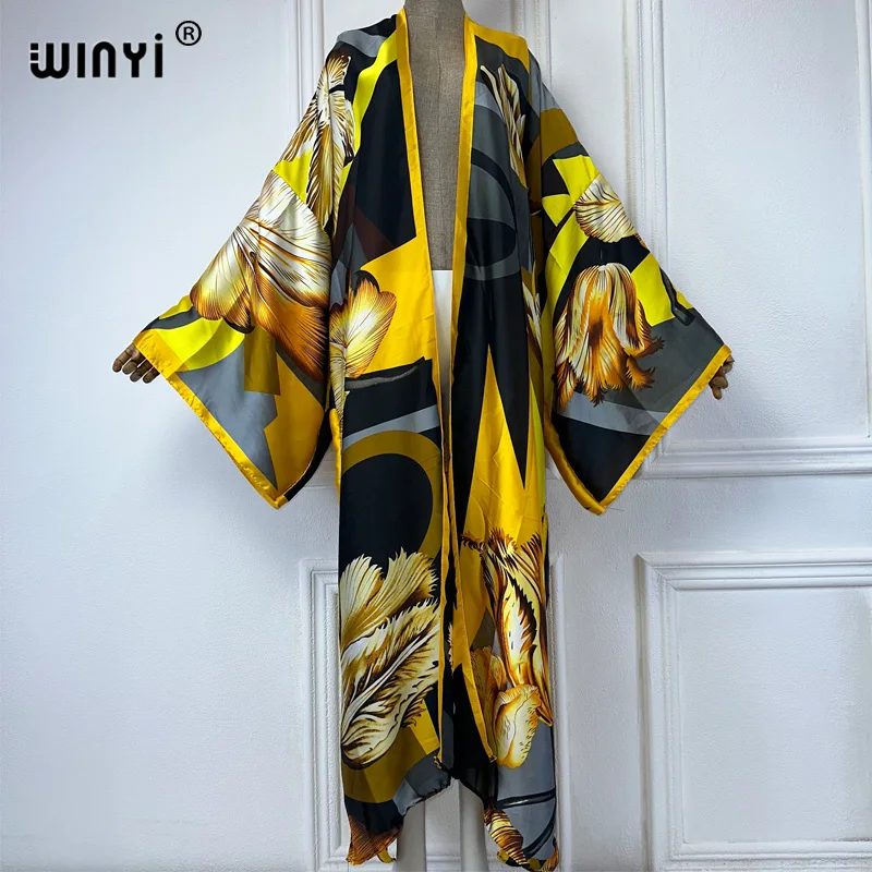 WINYI Kimono Women Summer Flower print Long Sleeve Cardigan Female Blouse abaya beach outfits women Cover Up boho maxi dress