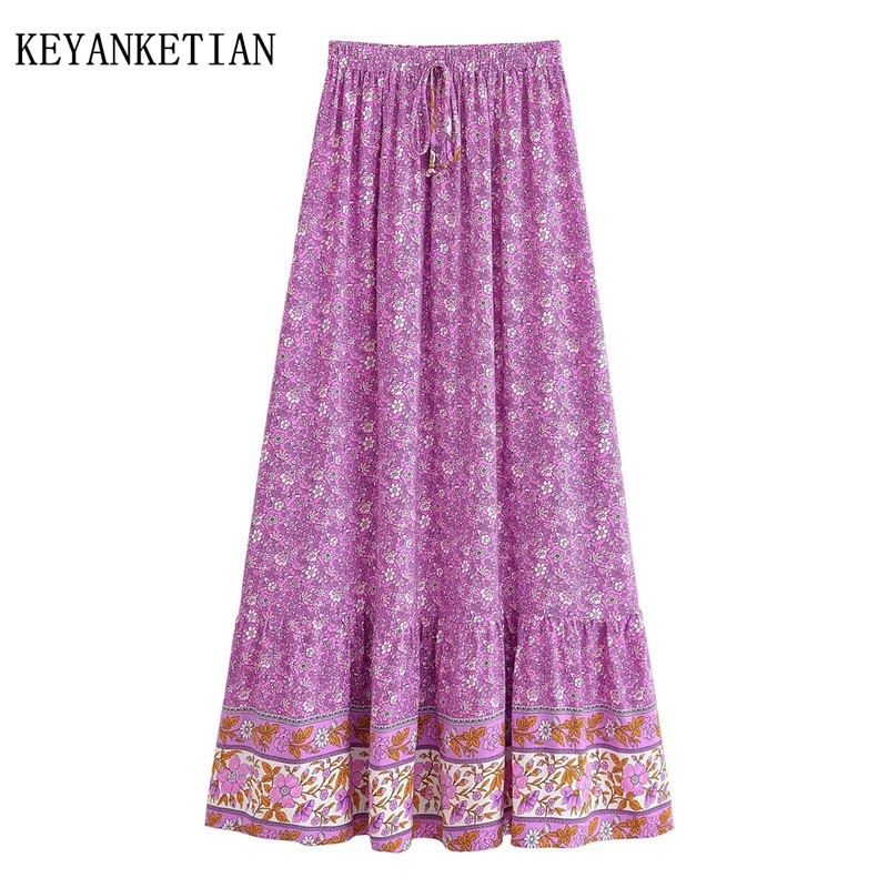 

KEYANKETIAN 2025 New Women's Romantic Country Print MIDI Skirt Beading Lace Up Elastic Waist Viscose Floral A Line Long Skirt