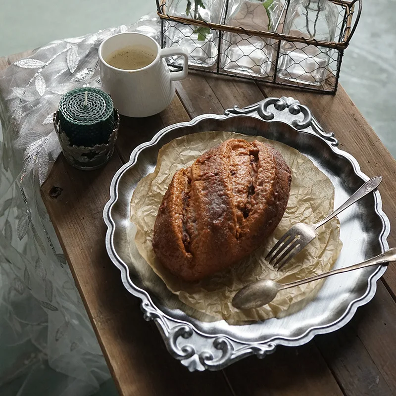 Retro Gold Silver Storage Tray Vintage Bread Dessert Plate Storage Organizer Living Room Decorative Tray For Fruit Cakes