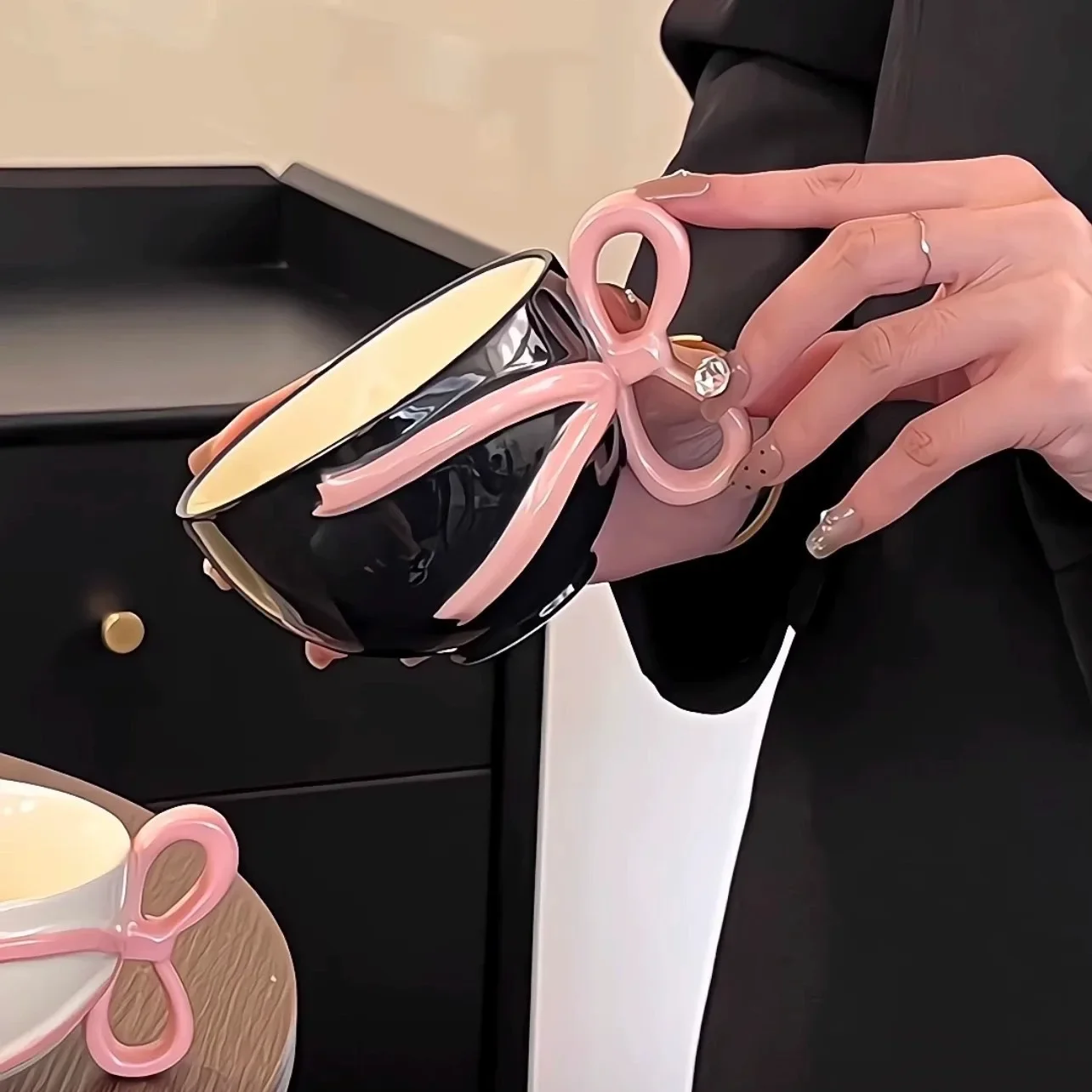 Ceramic Coffee Cup Cartoon Bow Handle Pink Ribbon Mug Afternoon Tea Accessories Girl's Gift Mugs Coffee Cups Birthday Present