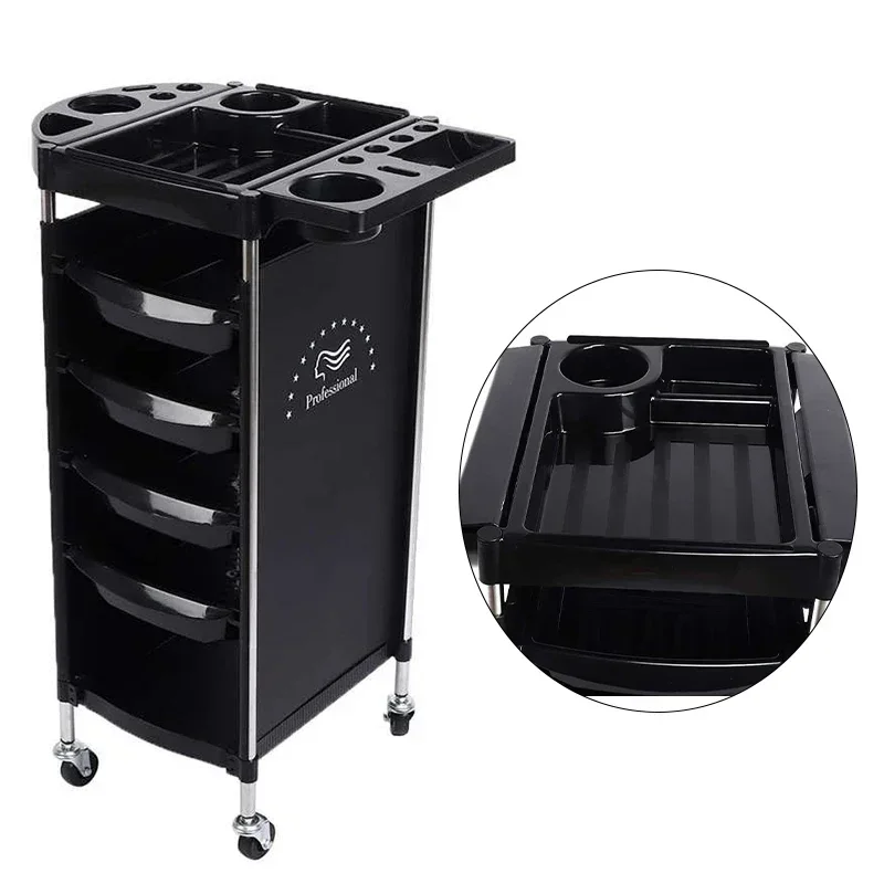 

Professional Barbershop Trolley Large Capacity Hairdressing Trolley Cart With Magnetism Splint Curling Iron Storage Shelf