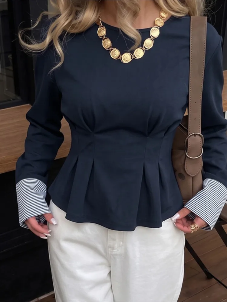 Elegant Round Neck Pleated Round Neck Long-sleeved Sweatshirt 2026 Autumn And Winter New Fashion Slim Solid Color Top For Women