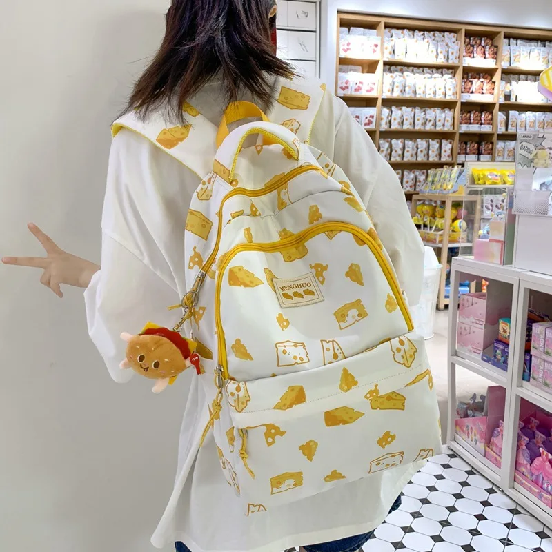 Cute Girls Backpack Waterproof Nylon School Bag 2023 Cartoon Backpack Lovely Rucksack Bear Strawberry Cheese Printed Backpack