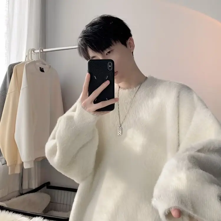 

Мужской свитер свободного кроя с круглым вырезом, однотонный, из трикотажа, с меховой отделкой, повседневный, модный, больших размеров, для зимнего сезона