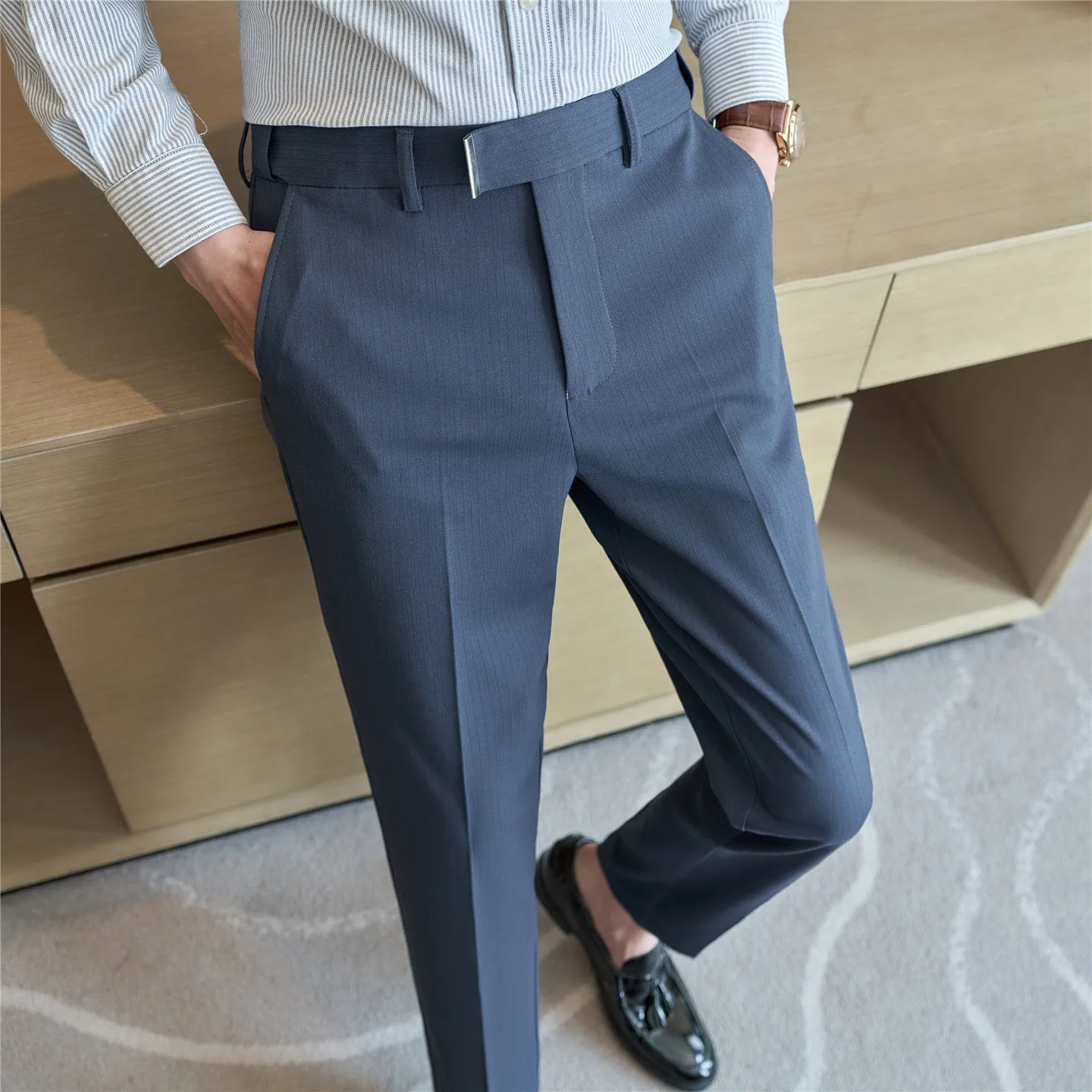 

Autumn Elastic Waist Metal Decorative Casual Pants Men Elastic Comfortable Striped Suit Pants Business Office Social Trousers