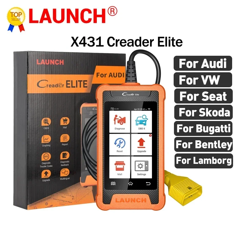 LAUNCH X431 Creader Elite для VAG Professional, полносистемные диагностические инструменты, онлайн-кодирование ЭБУ 31+ функция сброса, сканер OBD2