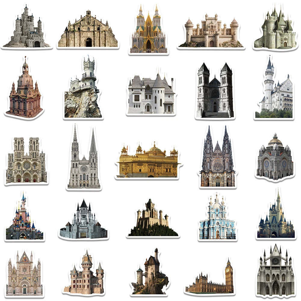 50pcs Retro Medieval European Castle Building Stickers Aesthetic For DIY Journal Skateboard Luggage Decoration Vinyl Toy Sticker