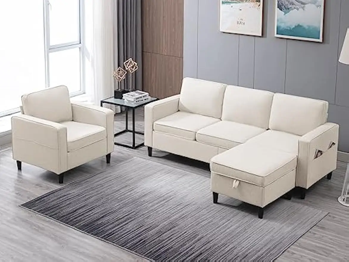 Conjunto de sala de estar de 2 peças, sofá em forma de l de 78 polegadas e conjunto de armário, sofá em forma de l de tecido, armazenamento otomano, 3 lugares modural conversível