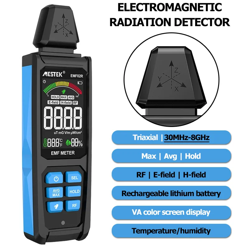 Rechargeable EMF Meter Electromagnetic Field Radiation Detector 30Mhz~8GHz High Frequency Radiometer Tester Hygrometer Thermomet