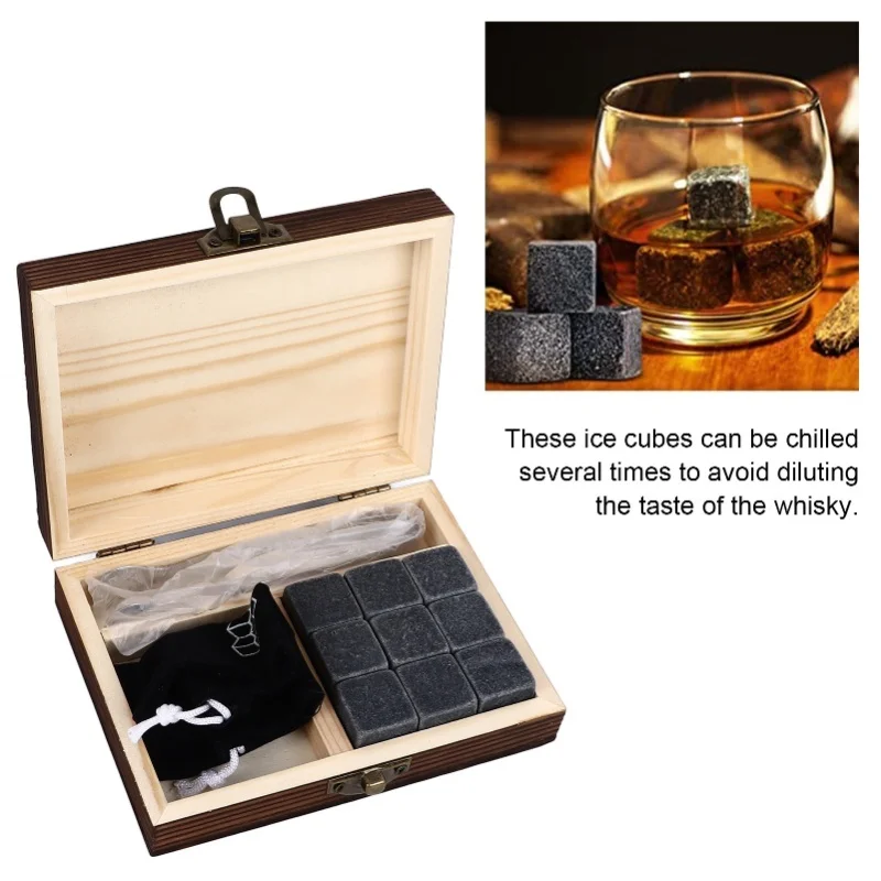 Whisky Stones Cube Shaped Granite Chilling Whiskey Rocks Set Recyclable Quick Drying Whisky Stones With Pine Box