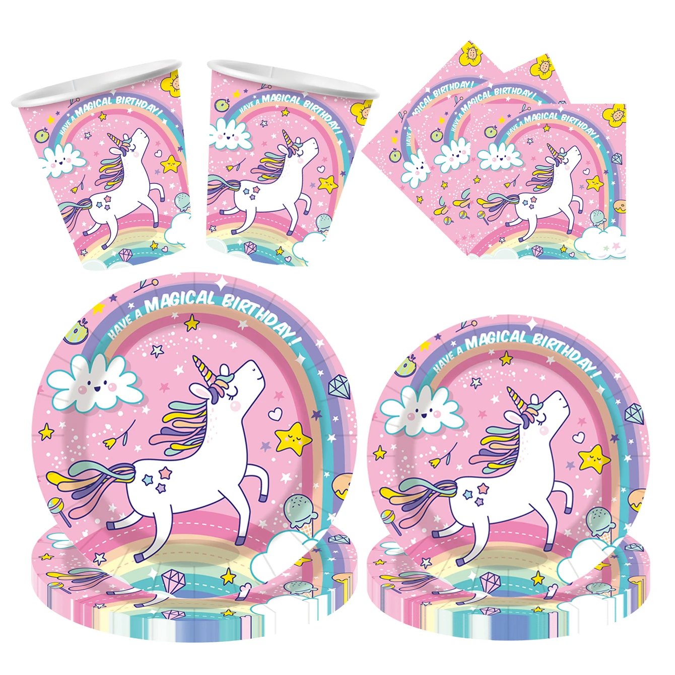 Juego de vajilla desechable con temática de unicornio rosa, plato de papel, vaso de papel, servilleta, cubiertos, cuchara, adecuado para fiestas de cumpleaños y fiestas navideñas