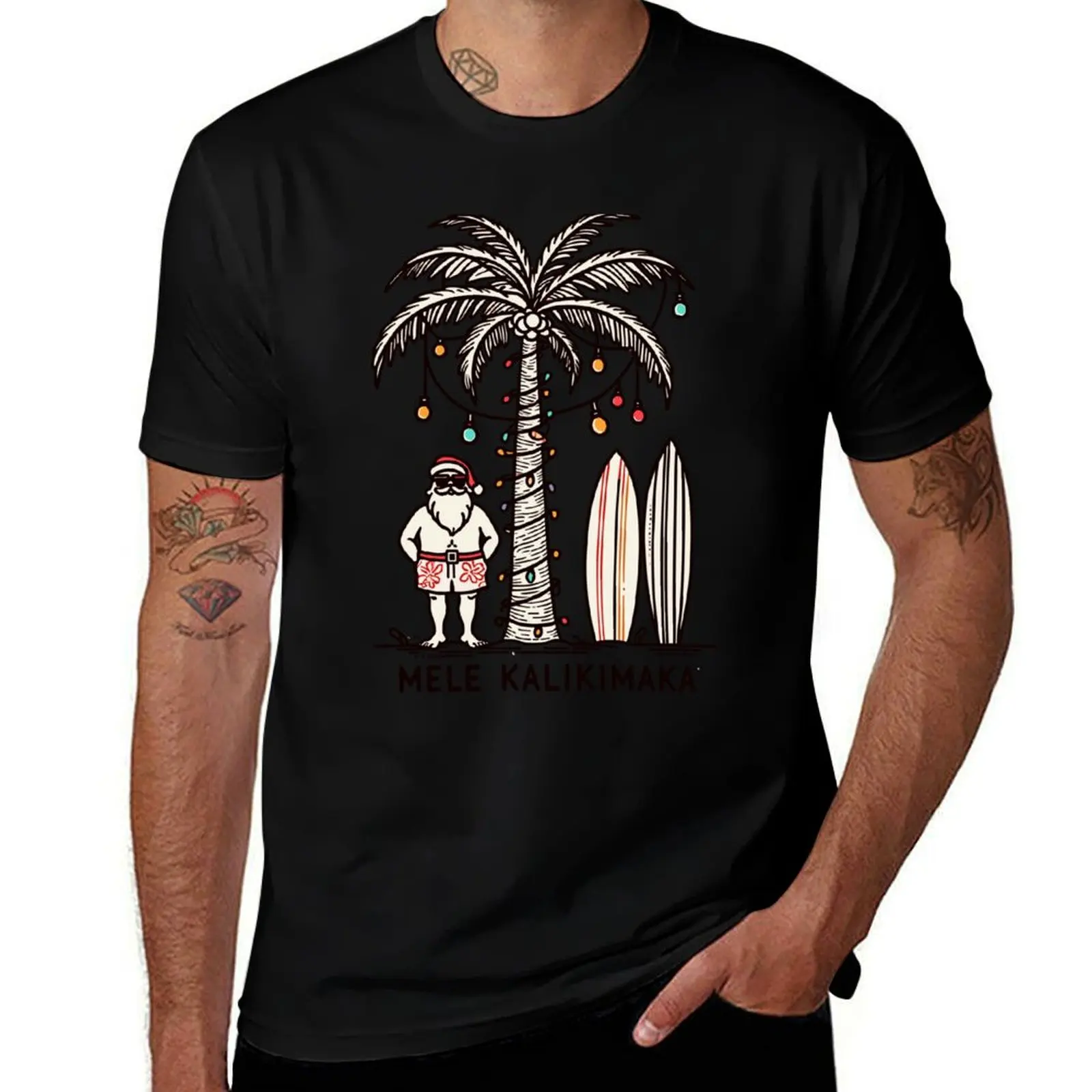 Mele Kalikimaka Hawaiian Christmas In July Hawaii Santa T-Shirt man t shirt graphic