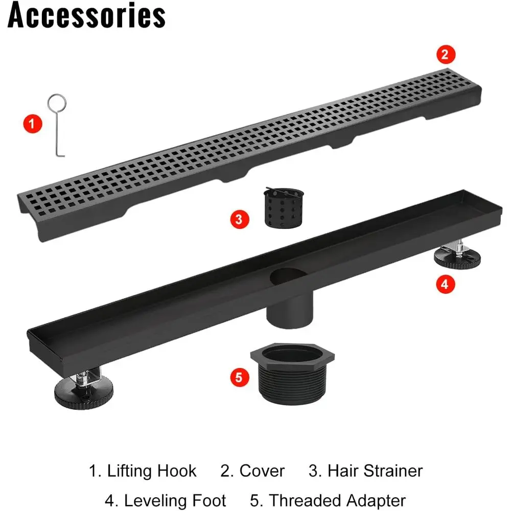 24 مصفاة دش خطية سوداء غير لامعة مع شبكة قابلة للإزالة ومصفاة شعر، من الفولاذ المقاوم للصدأ قابل للتعديل