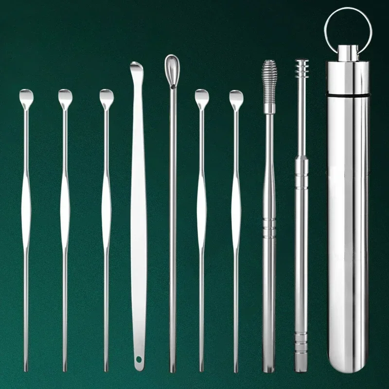 Coletores de cera de ouvido de aço inoxidável, removedor de cera, kit de piercing, curette de cera de ouvido, colher, cuidados, ferramenta de limpeza de orelha, fácil de transportar