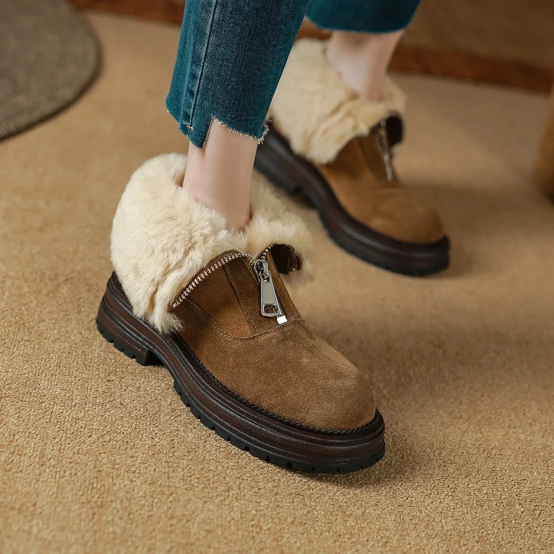 Women Platform Shoes Winter Snow Boots Warm Fur inner Front Zippers Female Warm Shoes Woman Cowsuede Warm Fur Inner Botas