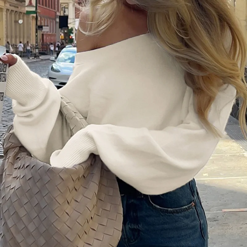 American Style Sloping Shoulder And Waist Lazy Sweater, Autumn And Winter Warm Long Sleeved Knitted Sweater, Solid Color Sweater