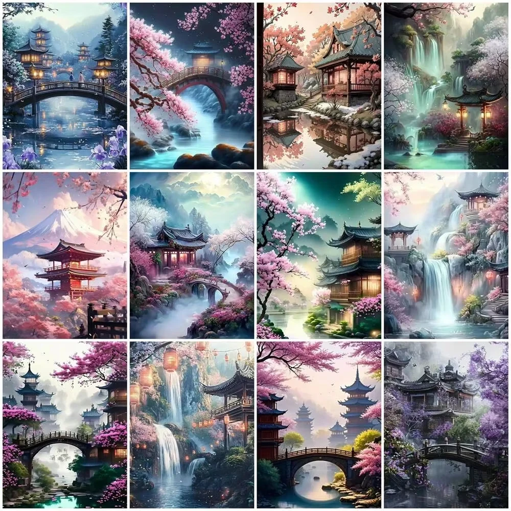 

DIY Diamond Painting House Pavilion Scenery Full Drill Embroidery Tree Mountain Waterfall Mosaic Japanese Home Decor