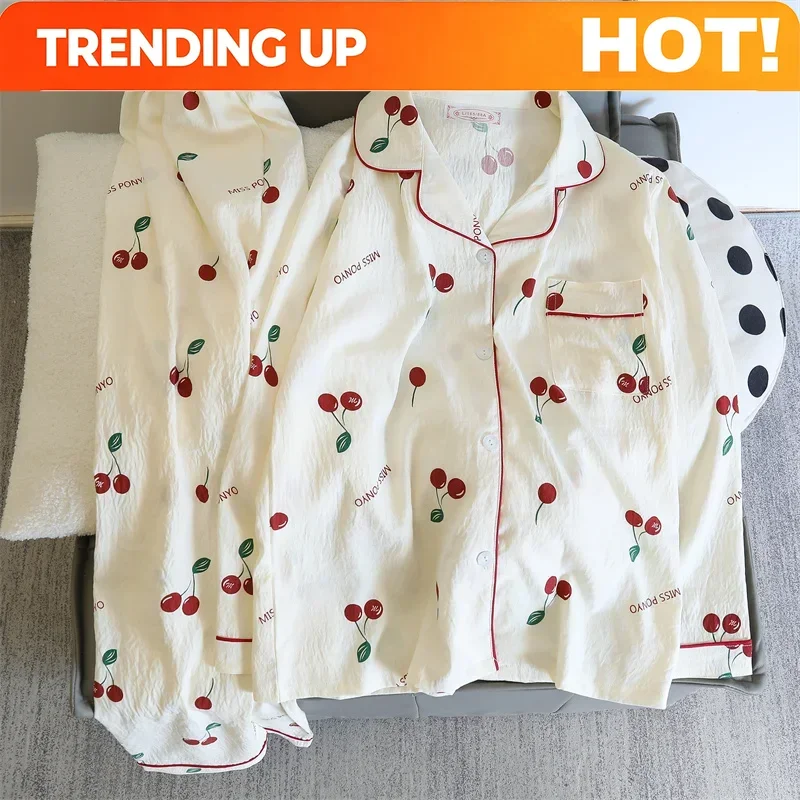 Customization Cherries Print Two Pieces Pajamas Set Autumn Faux Cotton Pajamas Korean Fashion Home Clothes Ladies Pants And Top