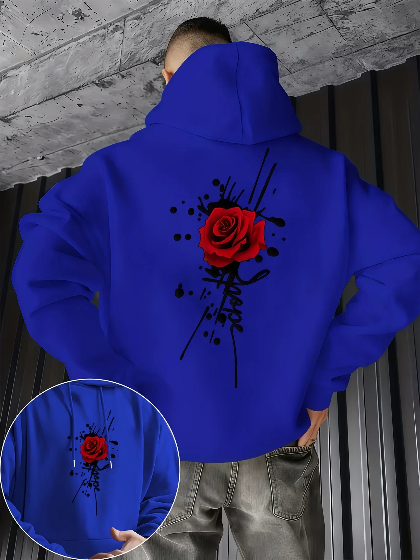 Men Red Rose Graffiti Hoodie Ink Splash Art Chest Back Dual Print Hooded Sweatshirt Autumn Winter Fleece Loose Unisex Hoodie