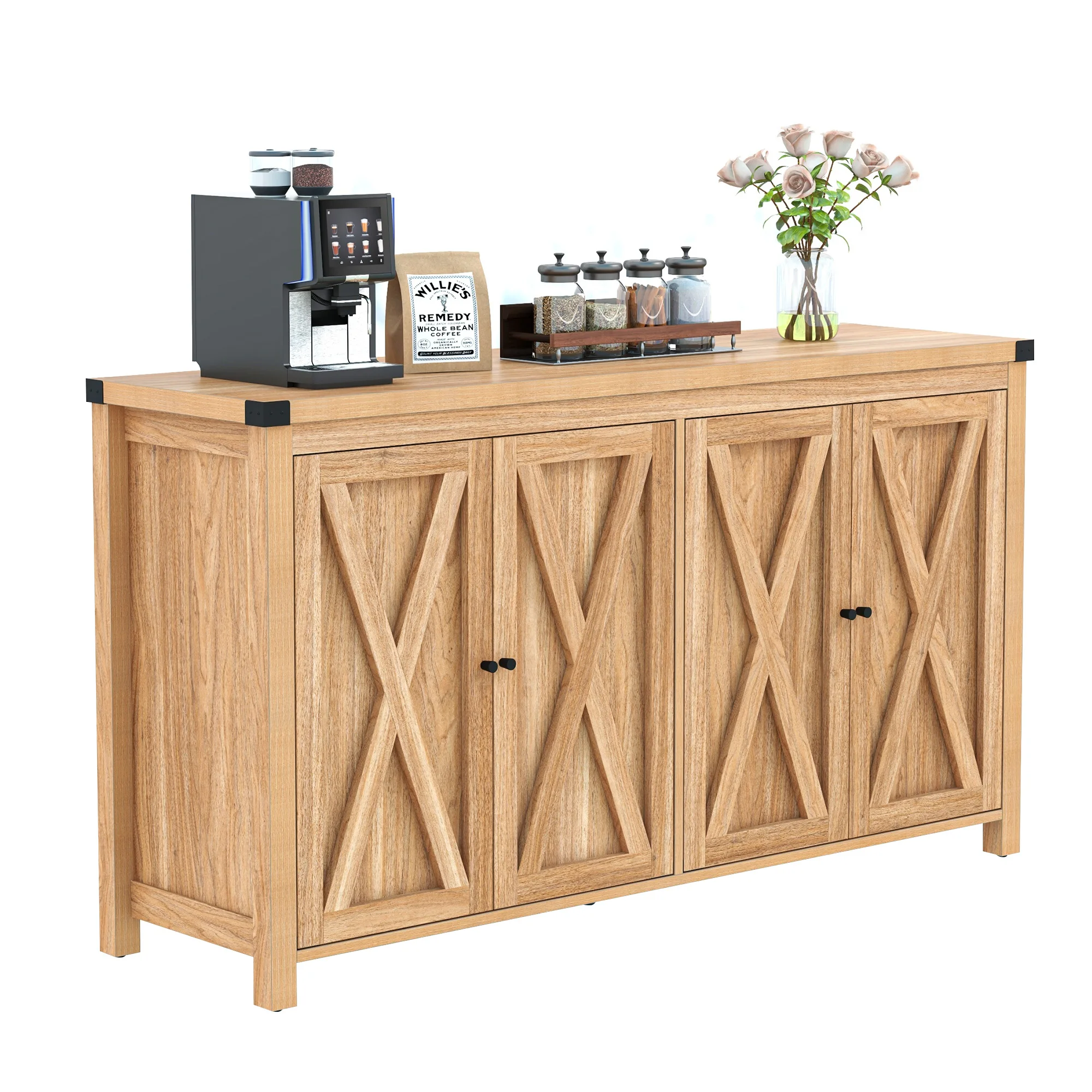 Sideboard Buffet Accent Cabinet Console Table with 4 Doors & Adjustable Shelf