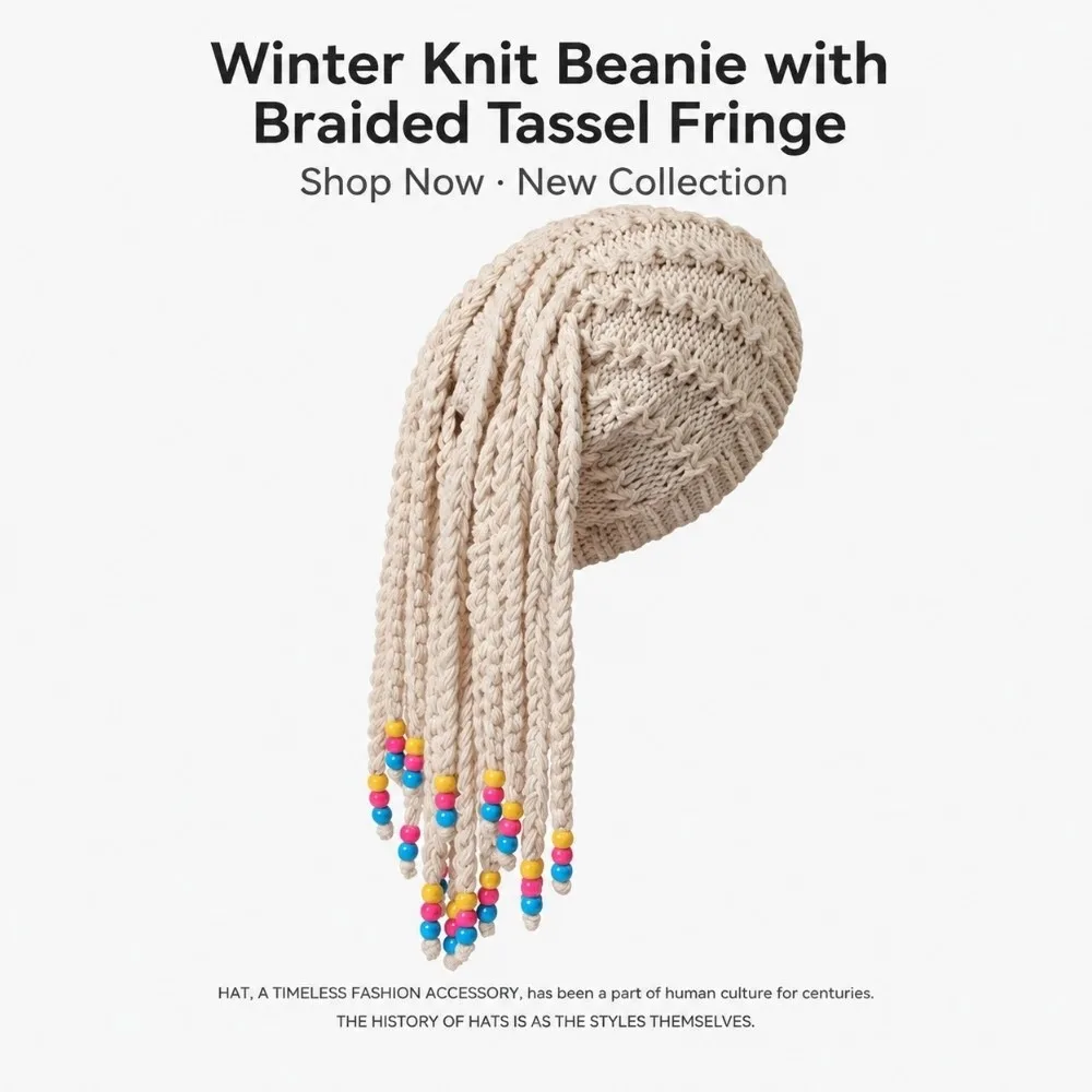 Knitted Dreadlock Beanie Color Bead Decor Faux Braid Braided Wig Hat Integrated Braid Thick Yarn Wig Beanie Party Event