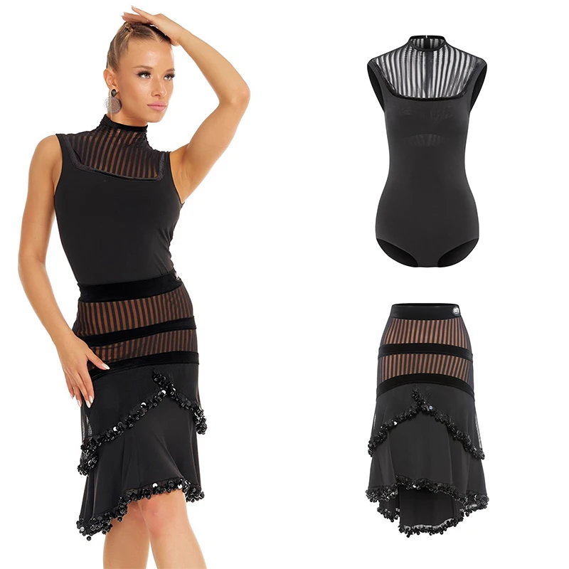 

DUYQ женские костюмы для латинских танцев, тренировочный сетчатый комбинезон без рукавов, юбка нестандартной формы, чача-румба, платье для латинских выступлений DN22003