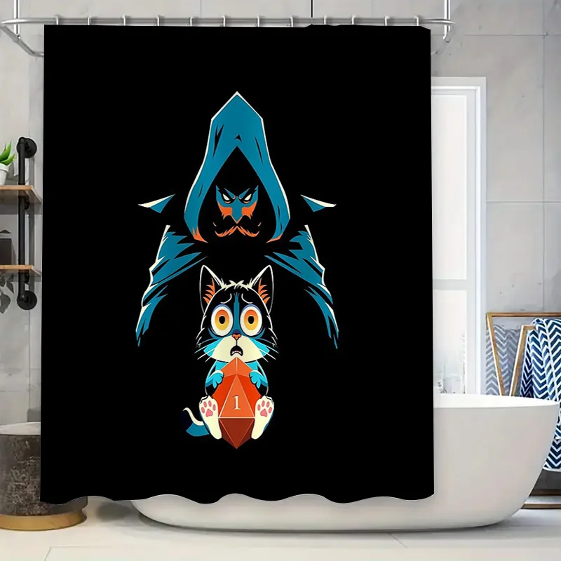 

Cute Cat and Dark Figure Bathroom Decor Shower Curtain Gothic Anime Van Life Home Decor Modern Art Print Washroom Accessories