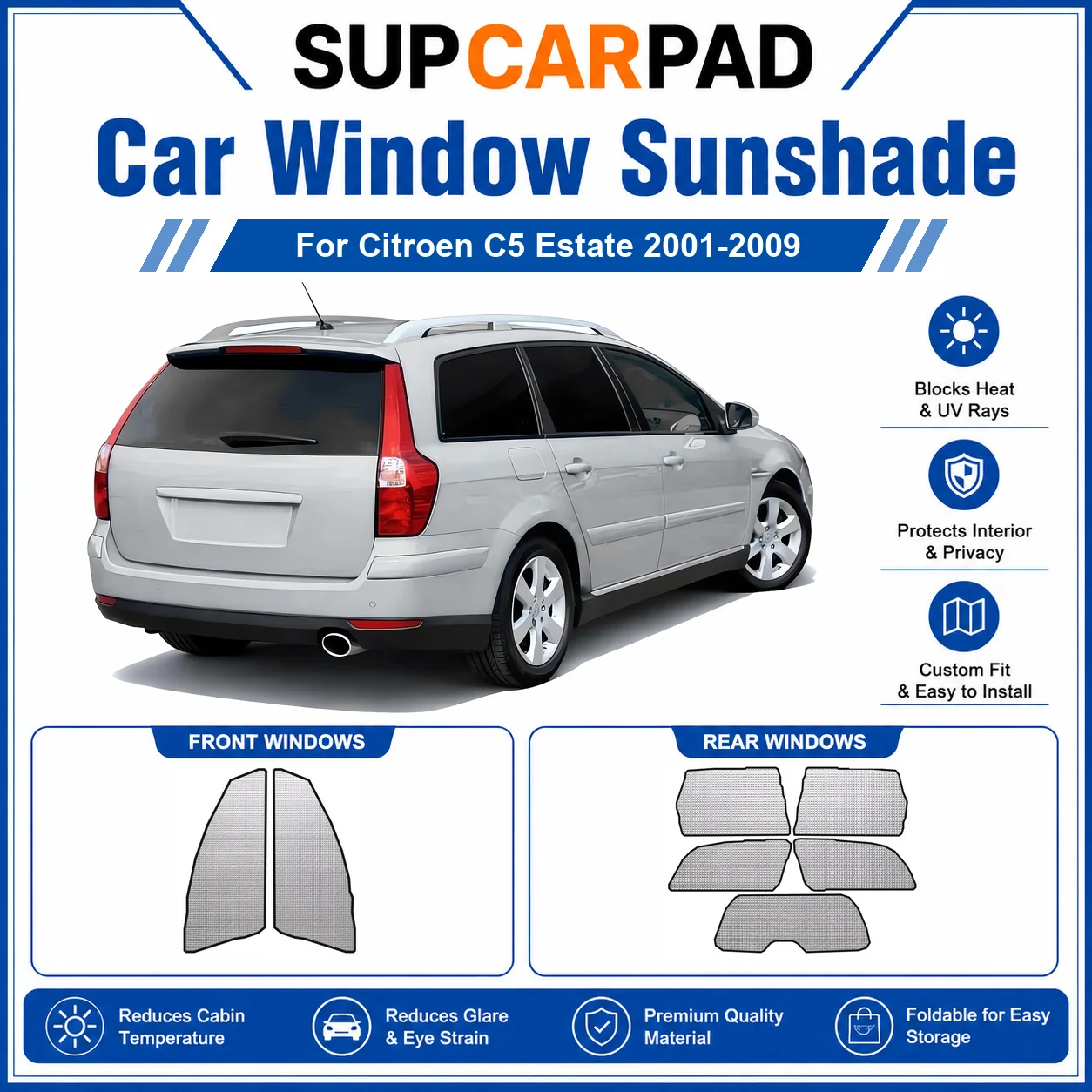 

For Citroen - Citroen C5 Estate 2001-2009 Full Set Car Window Sunshades UV Block Privacy Heat Insulated Foldable Car Curtain