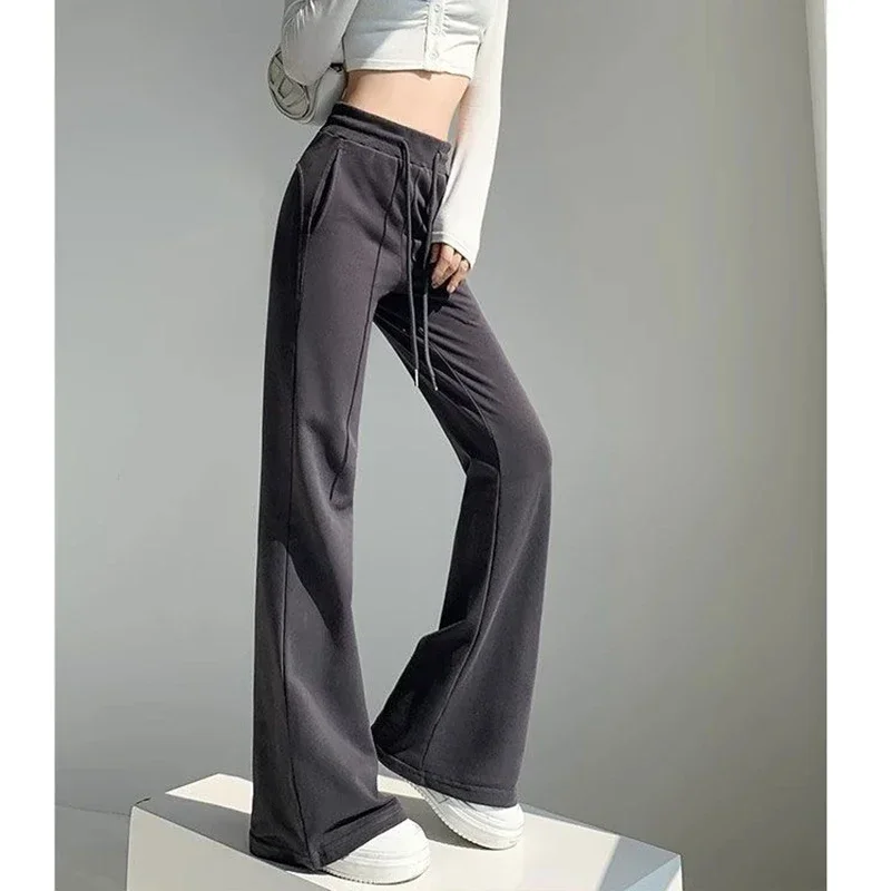Hot Sale 2025 Women Straight Leg Sweatpants Girls Classic High Waist Slim Fit Trousers Lady Korean Solid Thin Flared Pants