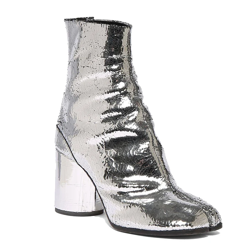 New Silver Ninja Tabi Boots Women Round High Heels Women Split Toe Ankle Boots Party Tabi Shoes Women Fashion Botas de mujer