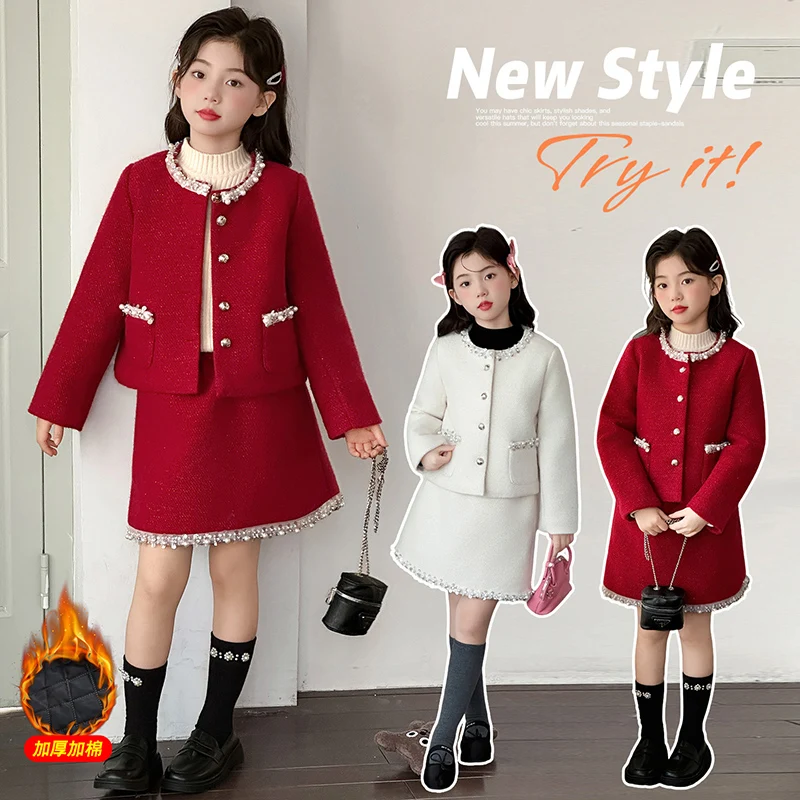 4-14 new years French chic red teen girls clothes set pearl thick cotton coat+skirt 2pcs High-end junior kids suit child outfits