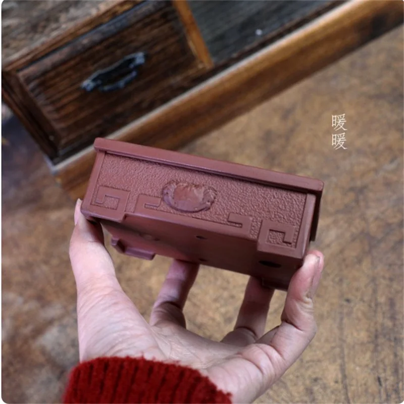 Ceramic Crab Carved Rectangle Bonsai Pot, Red clay, inner size 10*8cm,Office Table, Crab Pattern,Garden, Home Decoration