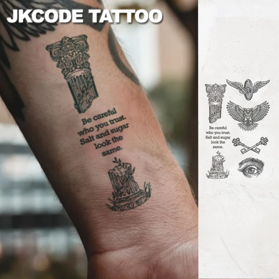 Waterproof Semi-permanent Tattoos,Roman Pillar, Flywheel, Owl