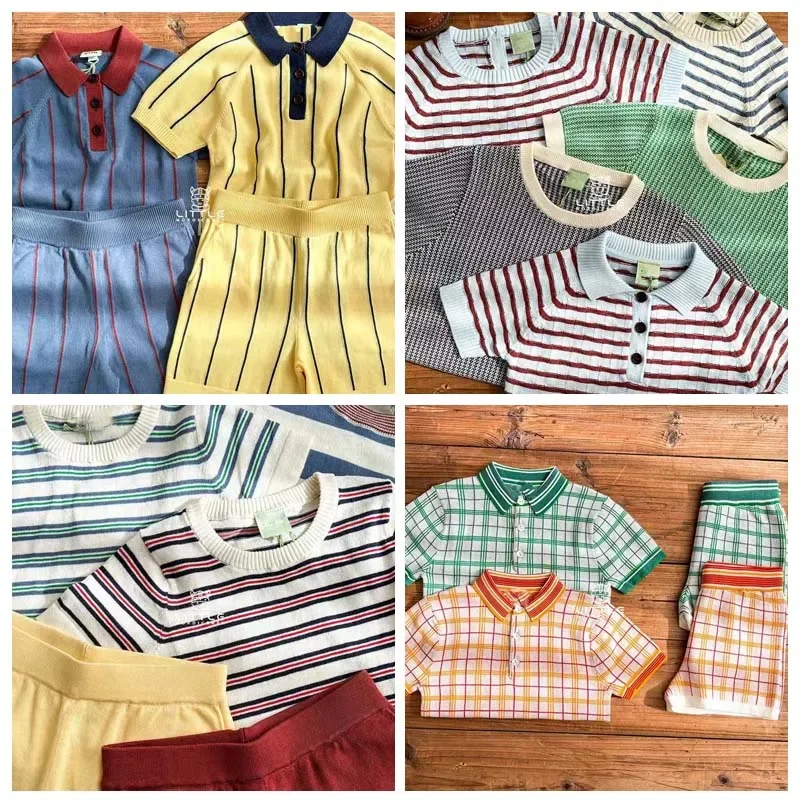 

Pre-sale(ship in April) 2025 Summer Polo Shirts Girl Striped Color Blocked Pullover Shirts Baby Boys Solid Color Knitted Sweater