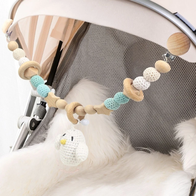 Wood Teether Baby Bed Hanging Rattles Toy  Bird Rabbit Shape Crochet Beads Bracelet Pram Clip Baby Rattle