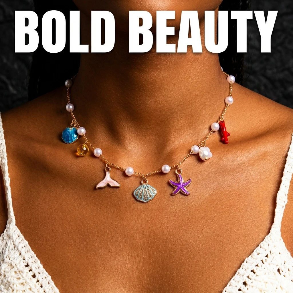 Böhmische handgefertigte Mehrfach-Anhänger-Halskette für Damen – Seestern, Muschel, Krabben-Kette, Choker – Trendiger Ozean-Strand-Urlaubsschmuck – Detail 1