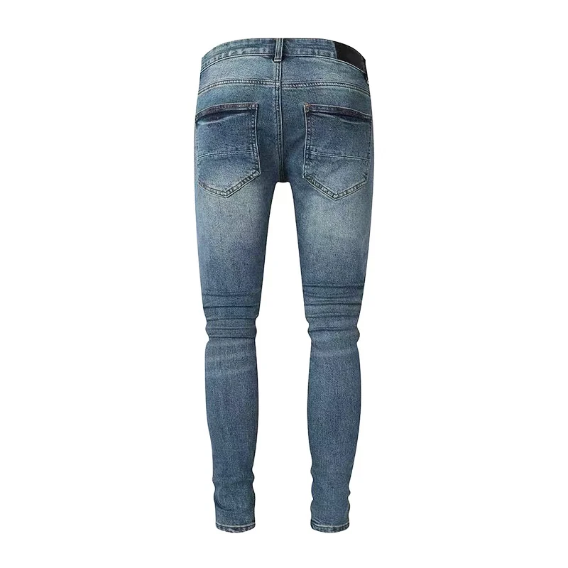 Los últimos pantalones vaqueros azules lavados para hombre de moda urbana de diseñador con elástico, corte ajustado, parche de tela rasgada, parche de cuero para hombre, hip-ho