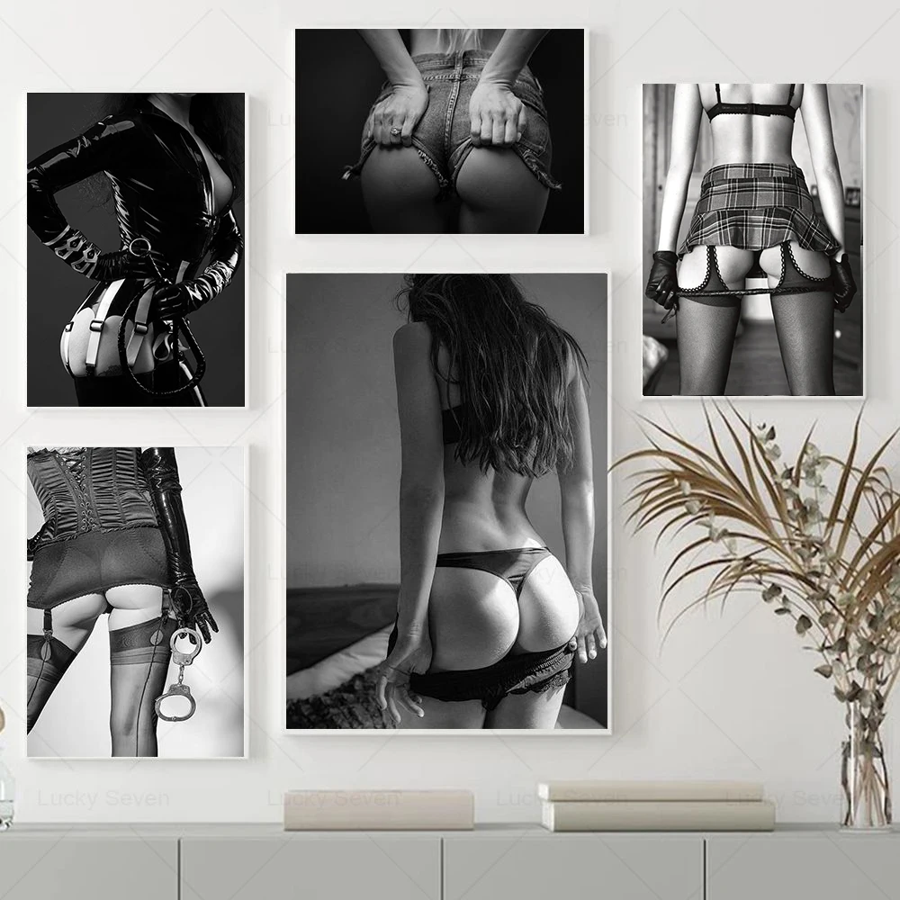 Sexy Woman In Thong & Handcuff Lesbian Poster Sex Buttock Print Black White Canvas Painting Wall Art Picture Bedroom Home Decor