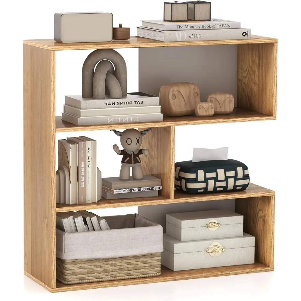 

3-Tier Bookshelf, Wood Concave Bookcase Open Storage Shelf for Living Room, Home Office, Library
