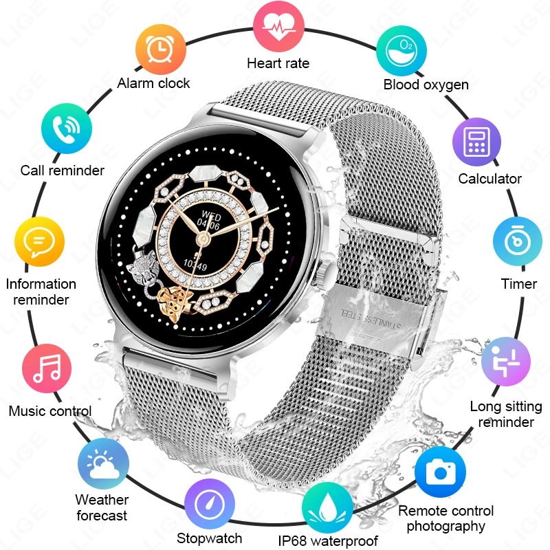 

LIGE Ultra-thin Smart Watch Ladies Bluetooth Call Custom Dial Sport Heart Rate Health Tracking Watch Waterproof Women Smartwatch