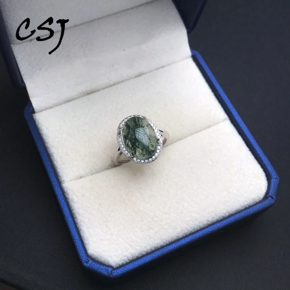 Elegant Natural Moss Agate Rings Sterling 925 Silver Gemstone Oval 10*14mm for Women Birthday Party Jewelry Gift