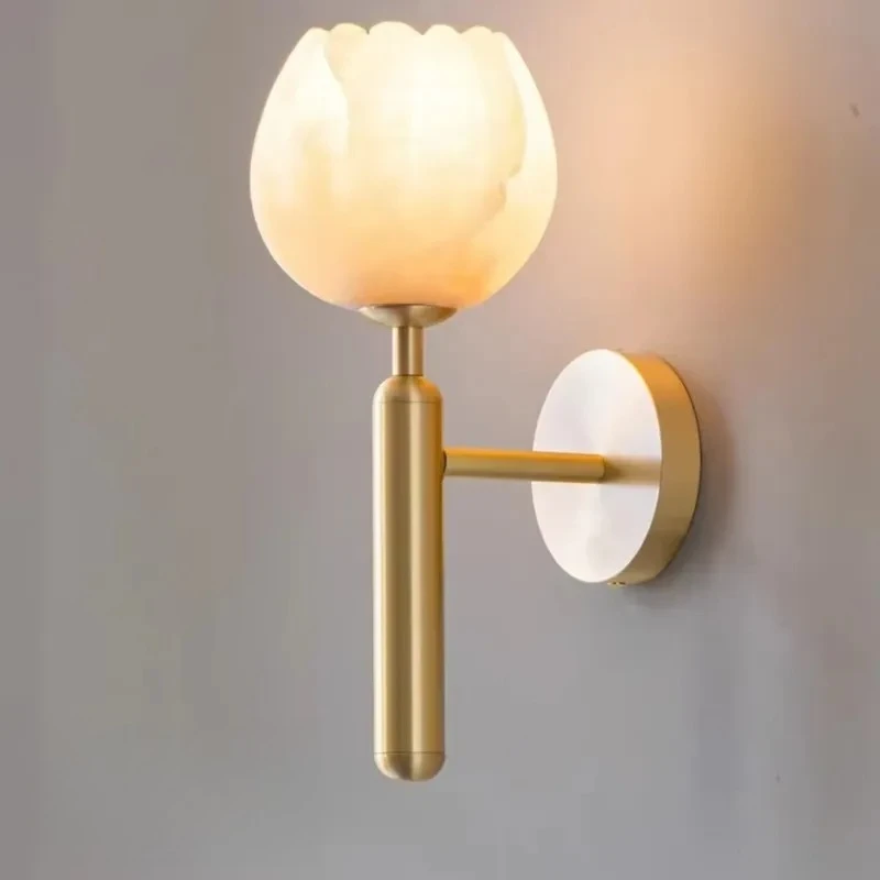 Lighting Modern All Copper LED Marble Wall Lamp with Shade and Flower Design Alabaster Wall Light