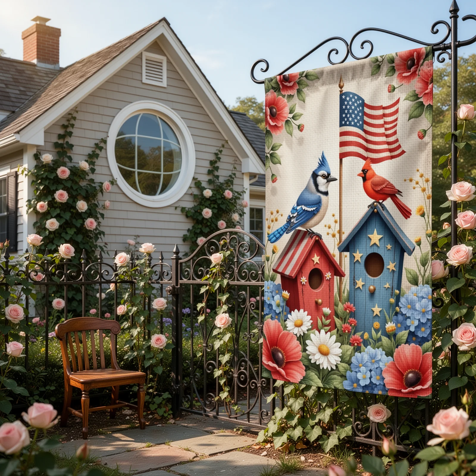 Patriotic Garden Flag Red White Blue Yard Banner Star Pattern Birdhouse Motif Outdoor Decor Flag for July 4th Celebration - view 6