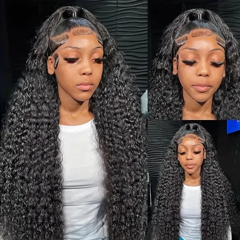 18 Inches Natural Black 13x4 Curly Lace Front Frontal Wig Glueless Deep Wave Full 150% Brazilian For Women  Human Hair Wigs