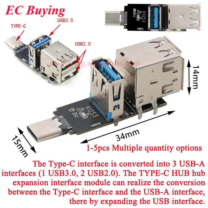 TYPE-C to 1-Port USB 3.0 2-Port USB 2.0 Expansion Module USB3.0 USB2.0 HUB Multi-Port Conversion Splitter Board TypeC Turn USB-A