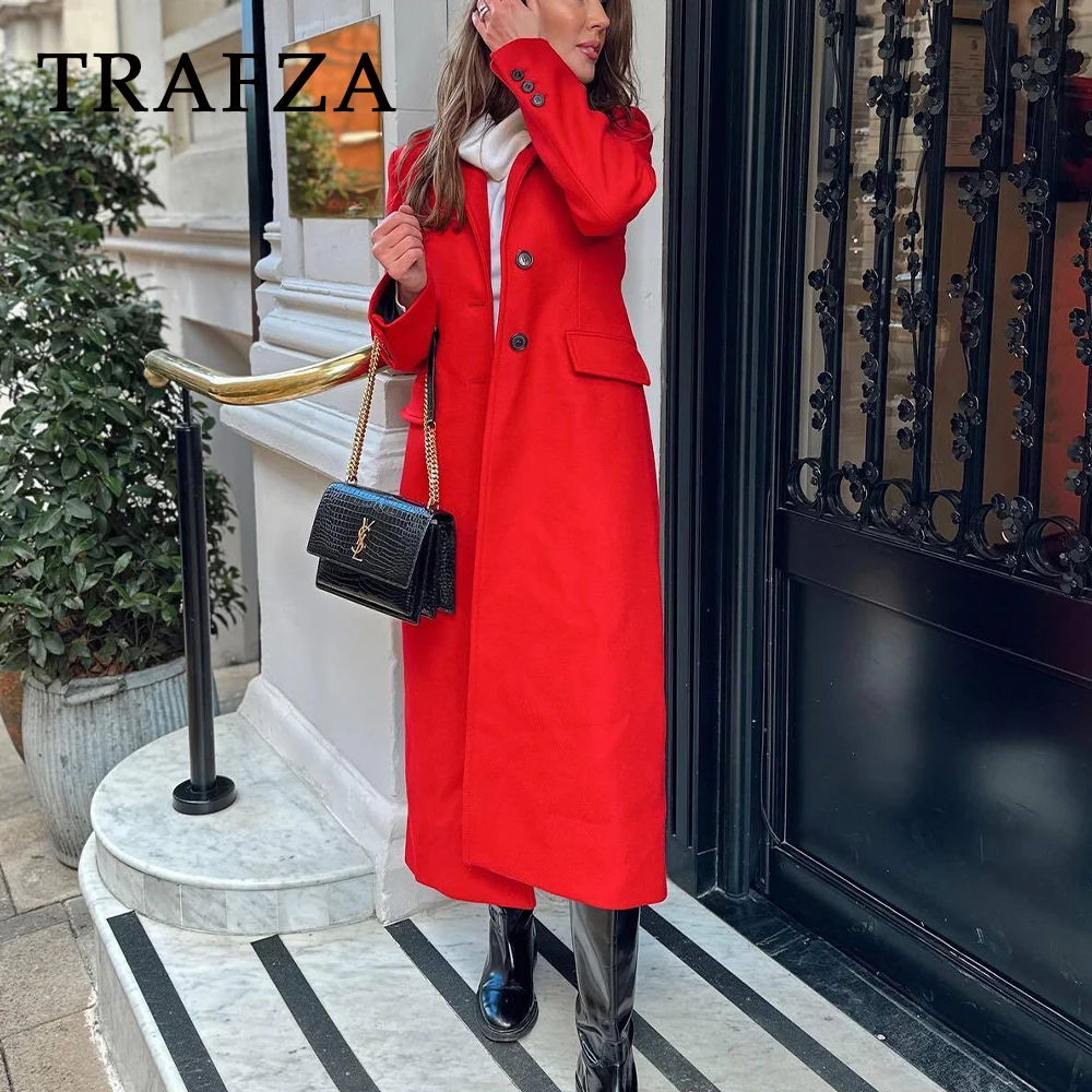 TRAFZA 2024 Autumn Winter Women Casual Long Coats Fashion Streetwear Solid Turn Down Collar Single Breasted Elegant Long Jackets