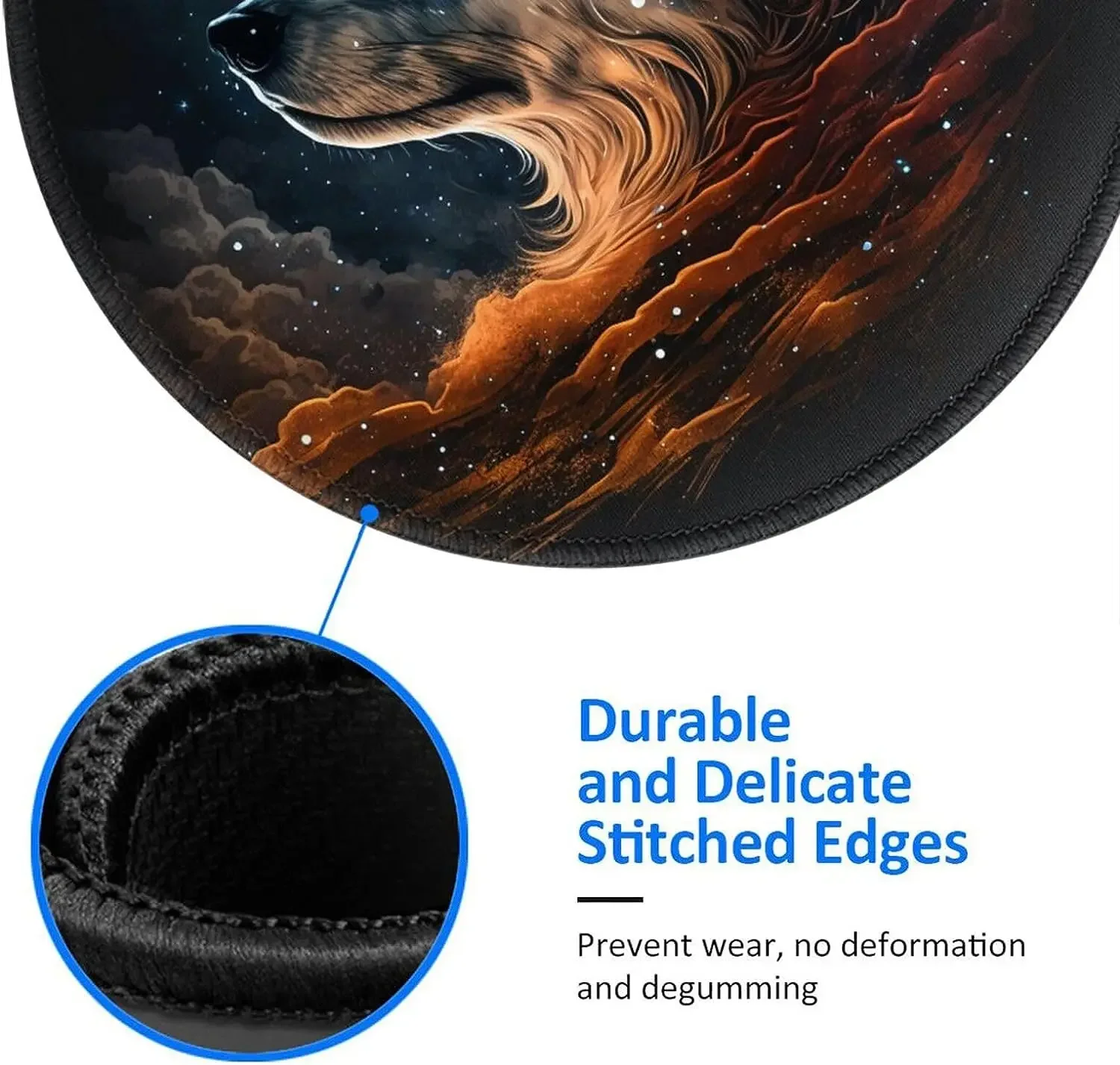 حصيرة ماوس فنية على شكل سماء نجمية وولف يونيفرس مع قاعدة مطاطية غير قابلة للانزلاق لوحة ماوس مستديرة لطيفة لمكتب الكمبيوتر المحمول مقاس 7.8 × 7.8 بوصة
